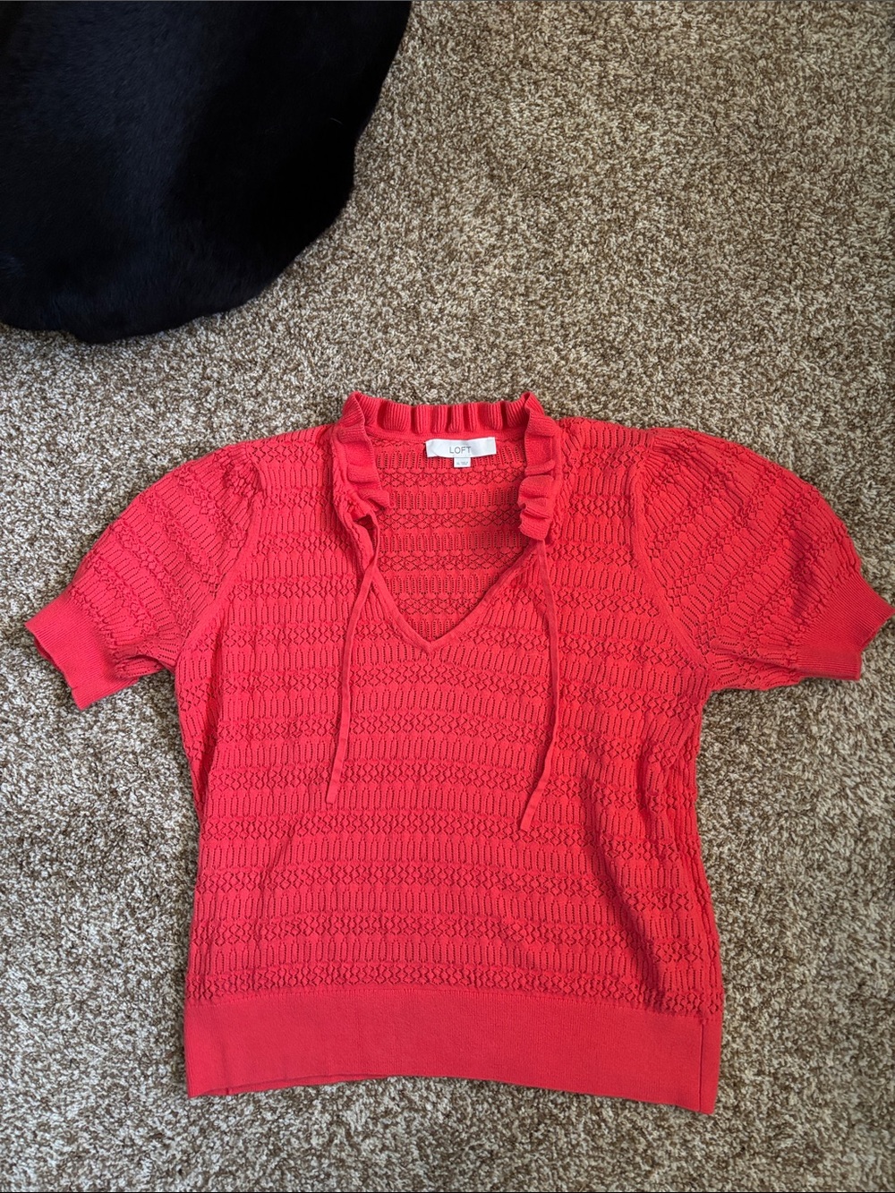 LOFT || Short Sleeve Cotton Sweater Top with Ruffle Neck and Cut Outs Size XL